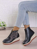 Round Toe Wedge Ankle Boots - Trendsi - Flyclothing LLC