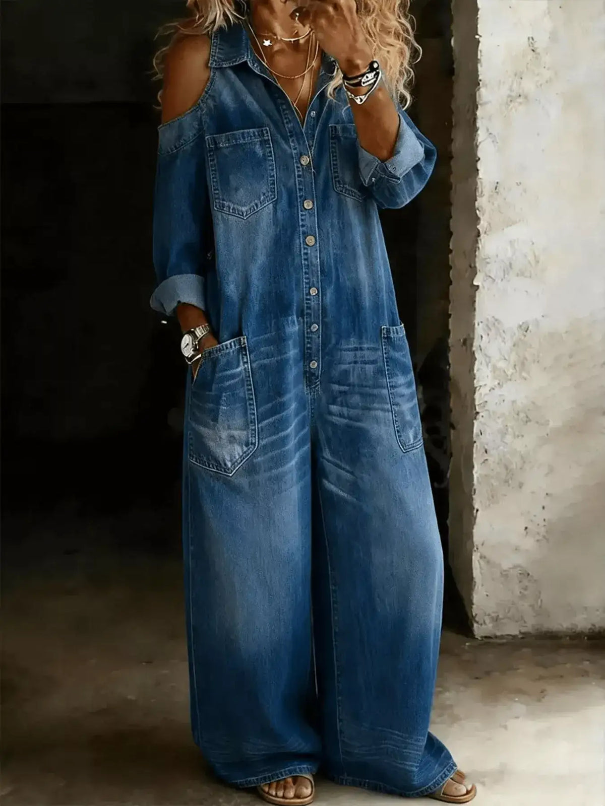 Full Size Cold Shoulder Button Front Denim Jumpsuit Plus Size - Trendsi - Flyclothing LLC