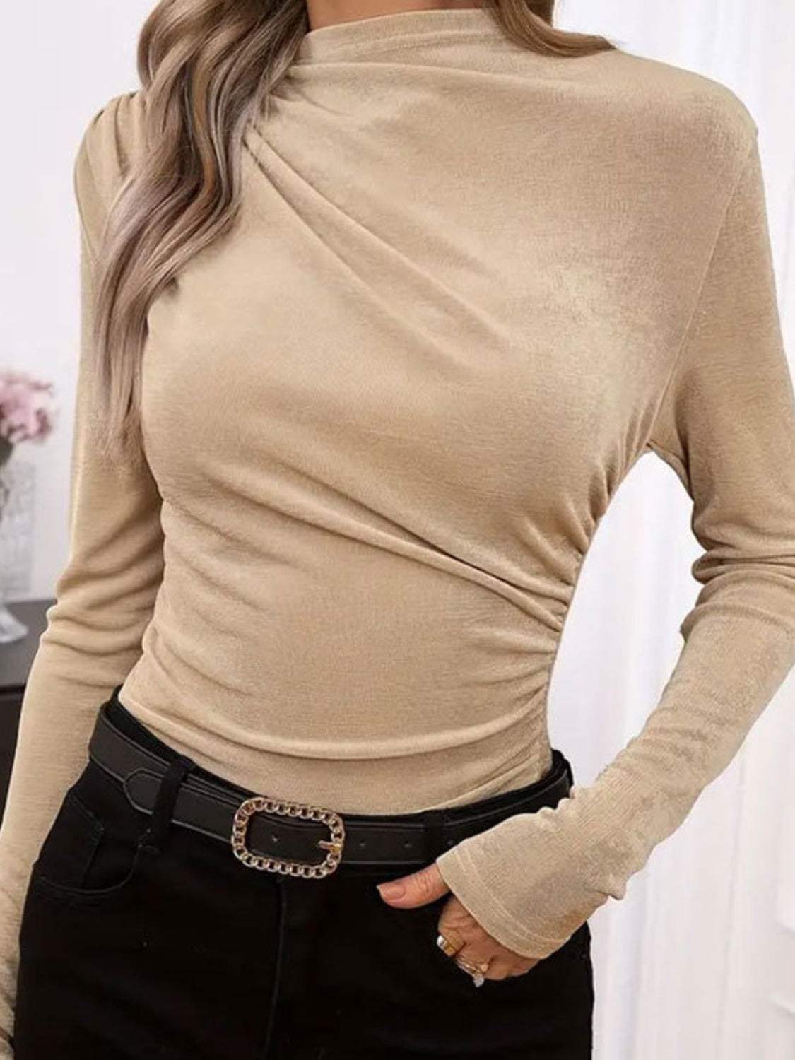 Ruched Mock Neck Long Sleeve T-Shirt - Trendsi - Flyclothing LLC