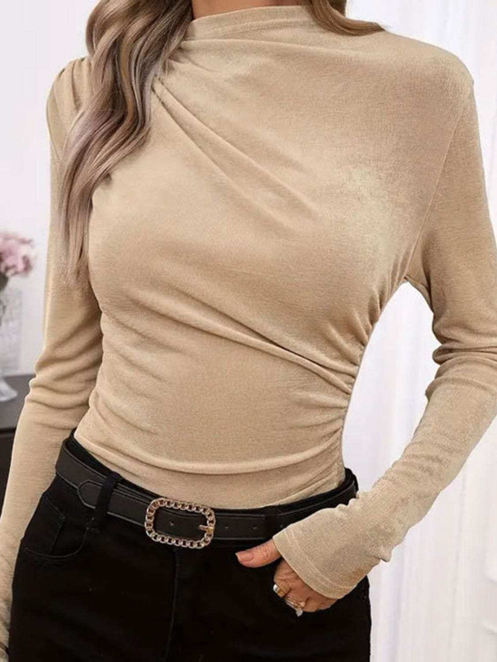 Ruched Mock Neck Long Sleeve T-Shirt - Trendsi - Flyclothing LLC