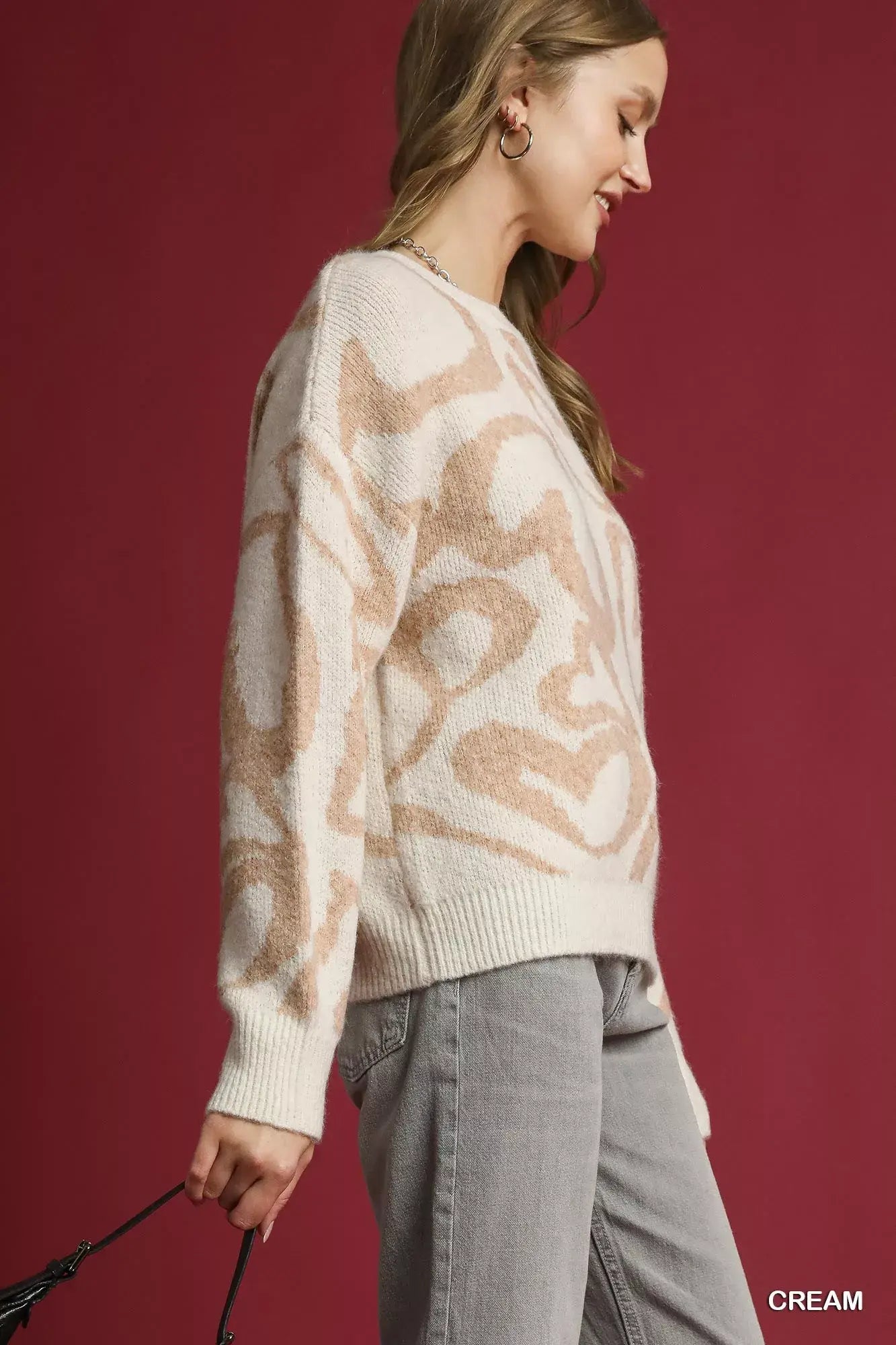 Umgee Heart Print Crew Neck Sweater - Trendsi - Flyclothing LLC