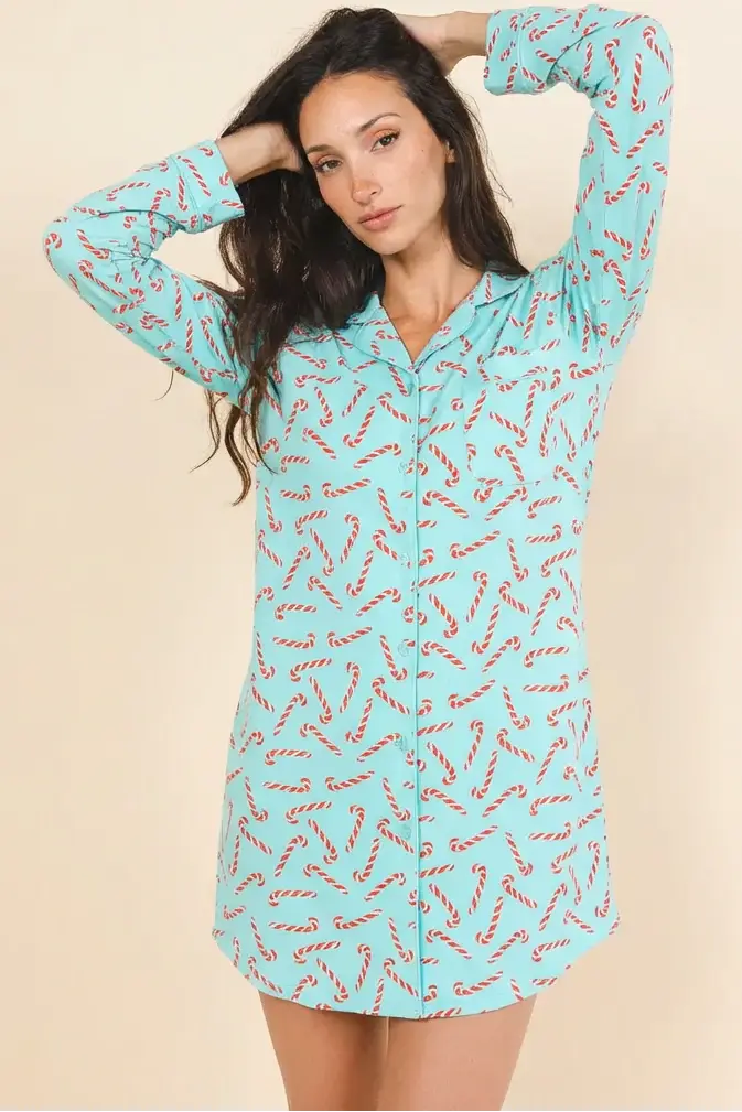 The Peppermint Pimp Canes | Candy Cane SleepDeep™ Long Sleeve Pajama Dress - Shinesty - Flyclothing LLC