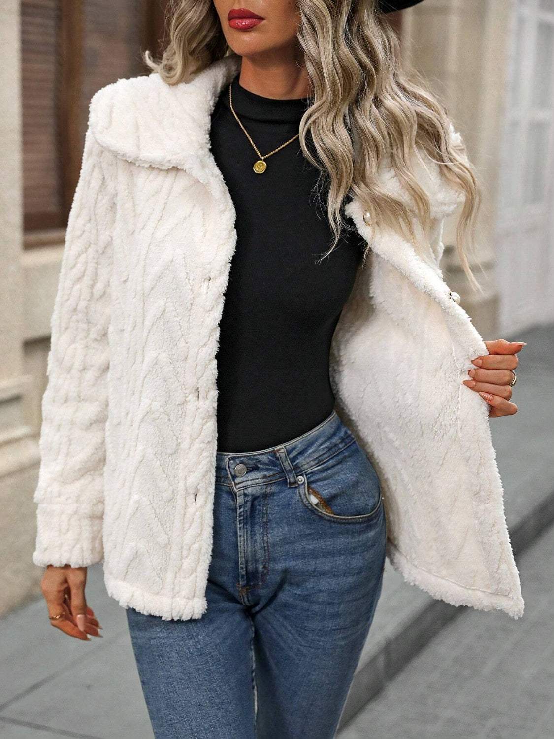 Fuzzy Texture Button Up Collared Neck Coat - Trendsi - Flyclothing LLC