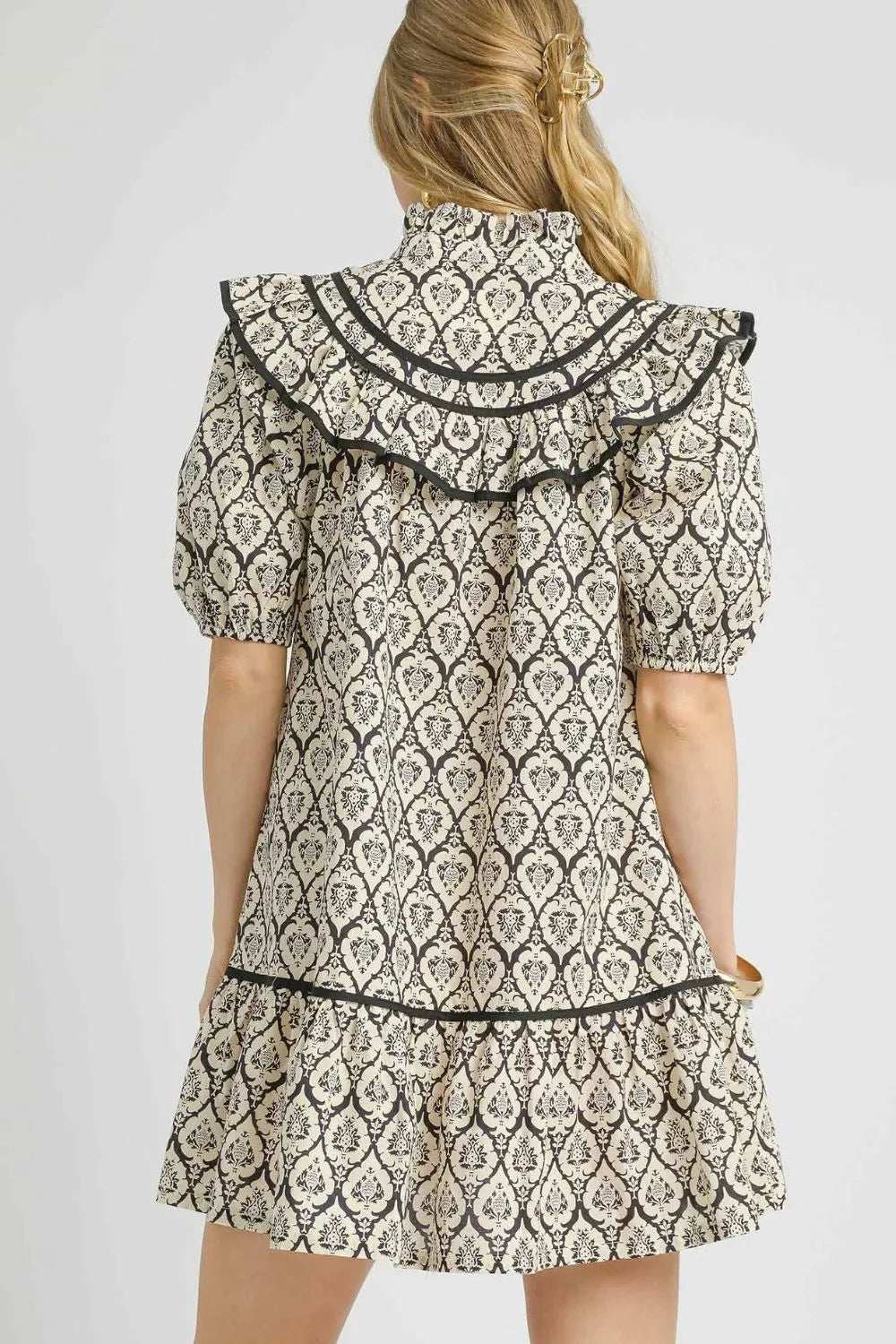 Umgee Ruffled Printed Puff Sleeve Mini Dress - Trendsi - Flyclothing LLC