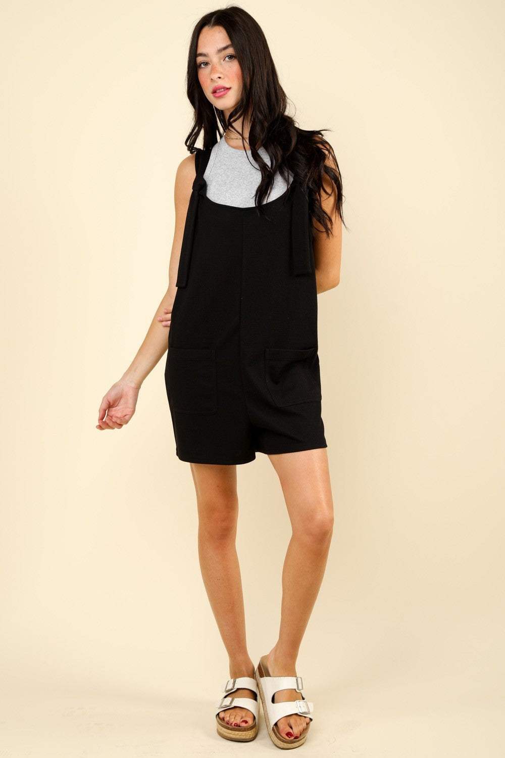 VERY J Tie Shoulder Front Pocket Romper - Trendsi - Flyclothing LLC