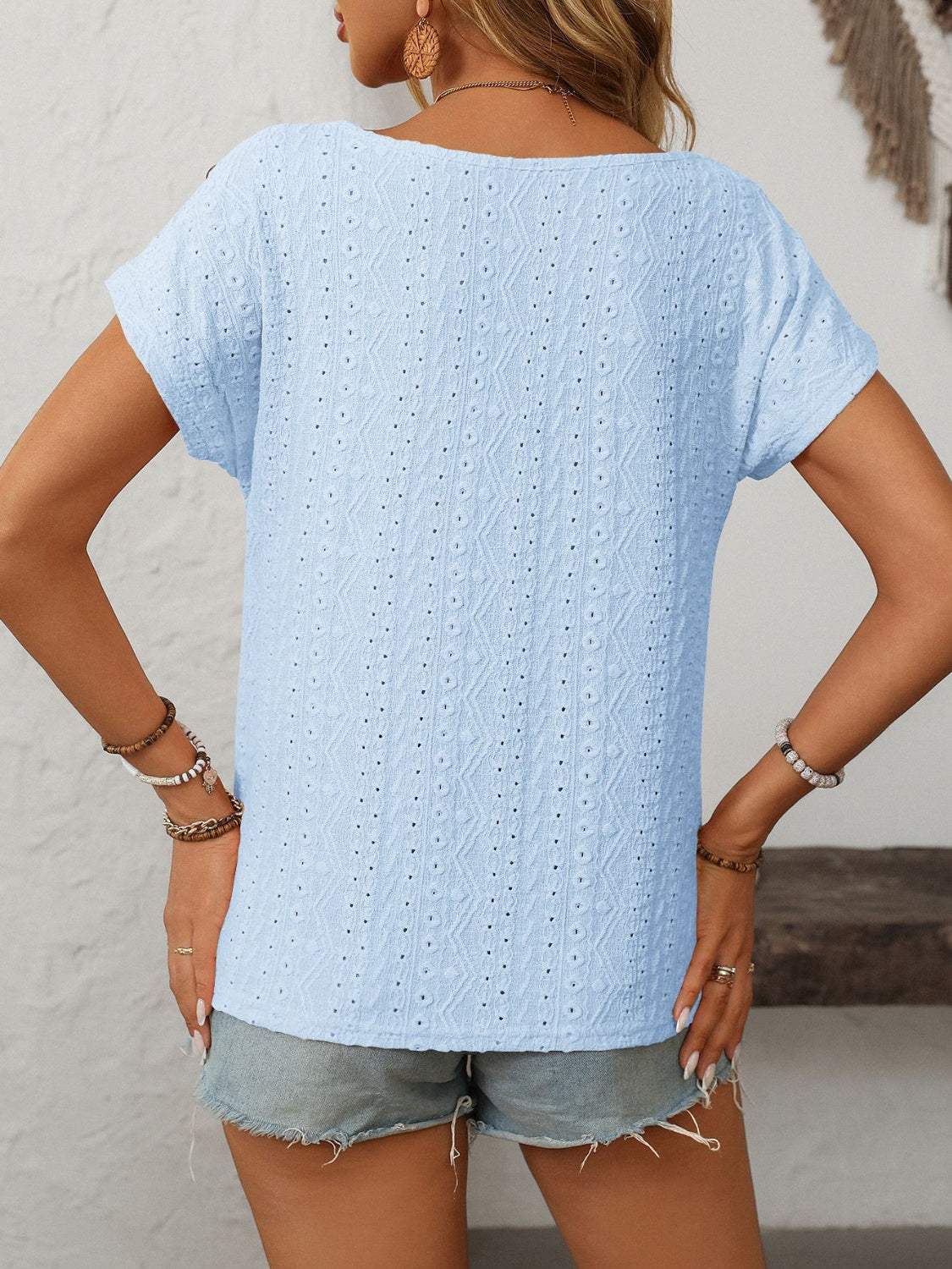 Mandy Eyelet Round Neck Short Sleeve Top - Trendsi - Flyclothing LLC