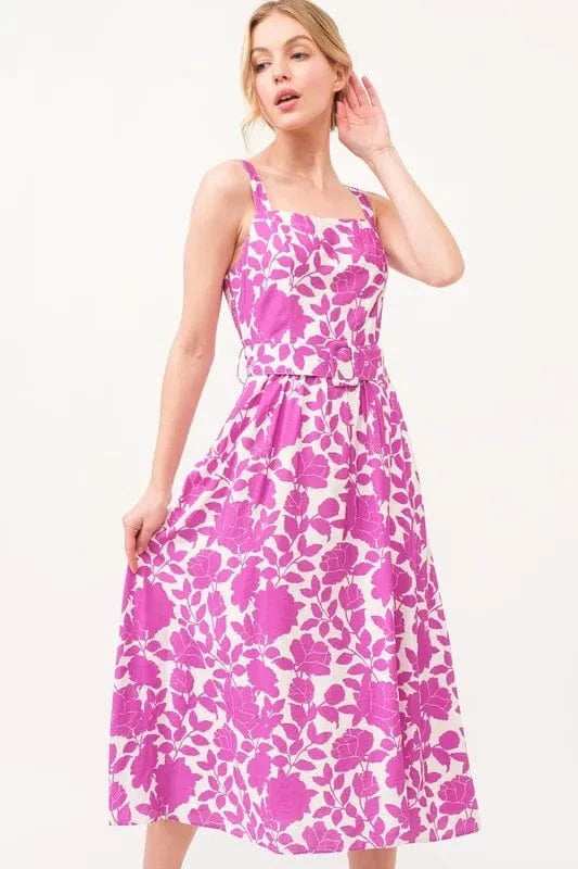 And The Why Square Neck Belted Floral Printed Midi Dress - Trendsi - Flyclothing LLC