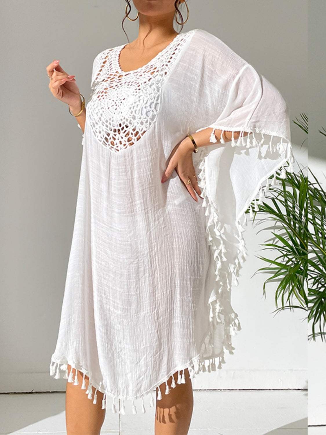 Tassel Cutout Scoop Neck Cover-Up Dress - Trendsi - Flyclothing LLC
