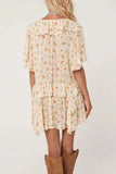 Boho Floral Tassel Tie V Neck Ruffle Wide Sleeve Mini Dress - Trendsi