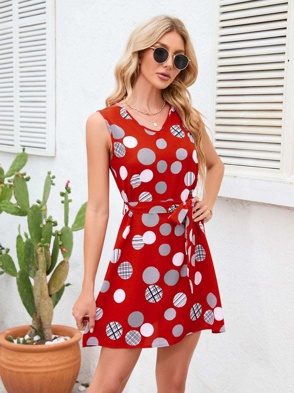 Tied Polka Dot V-Neck Dress - Trendsi - Flyclothing LLC