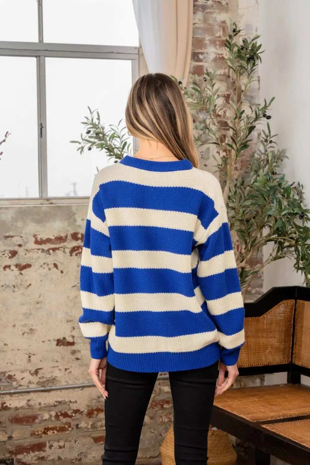 Sew In Love Full Size Contrast Striped Round Neck Sweater - Trendsi - Flyclothing LLC