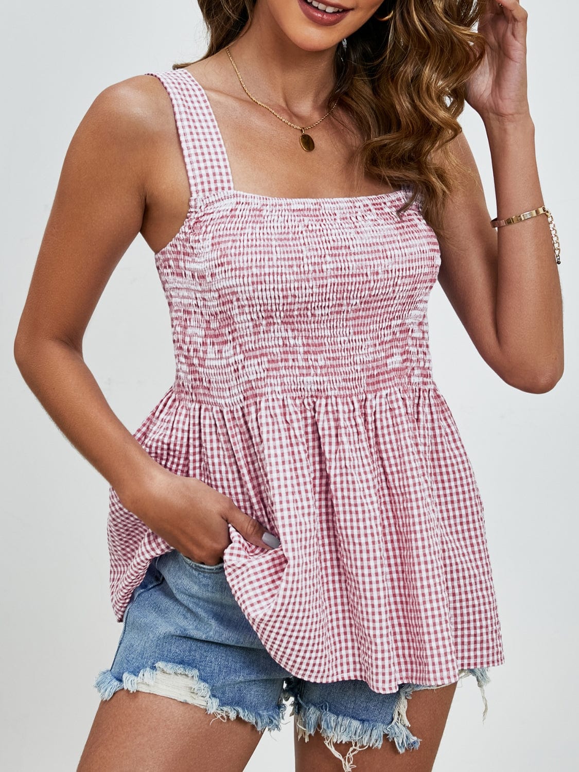 Smocked Plaid Square Neck Tank Trendsi