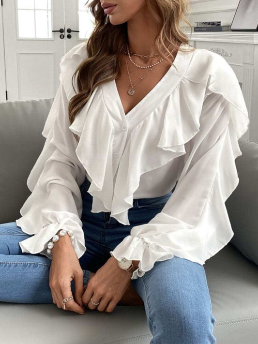 Full Size Ruffled V-Neck Button Down Flounce Sleeve Blouse - Trendsi - Flyclothing LLC