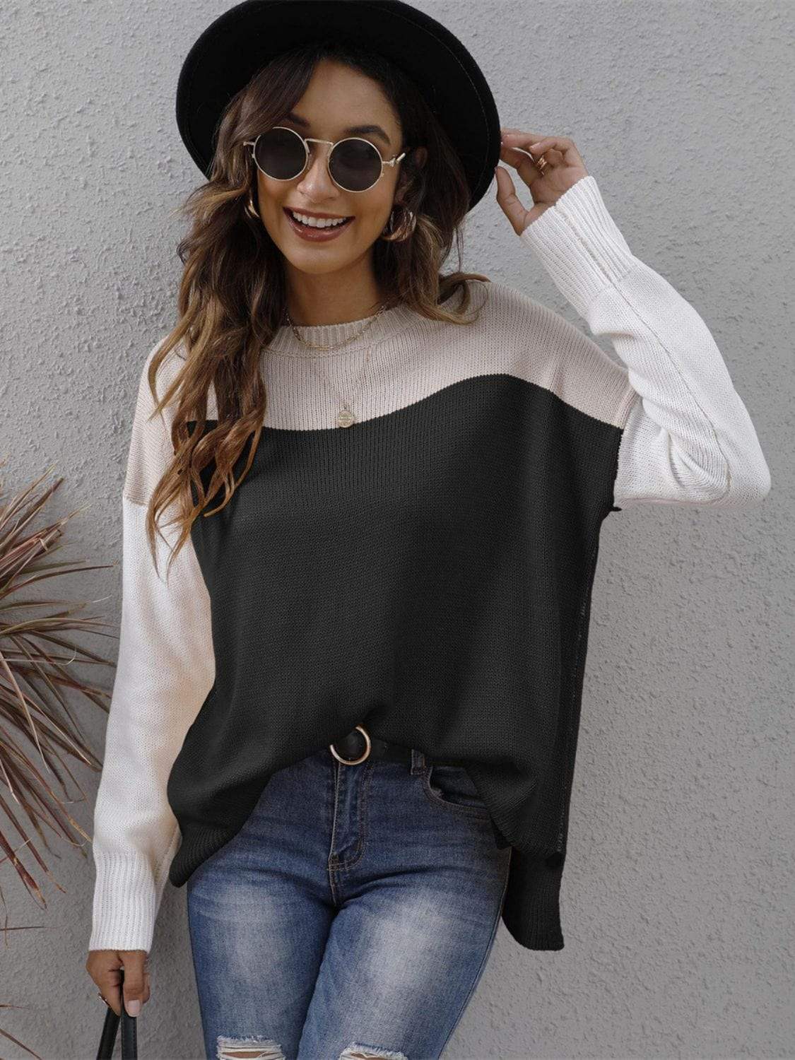Color Block Round Neck Sweater - Trendsi - Flyclothing LLC