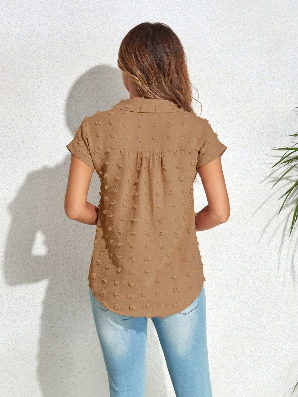 Swiss Dot Button Up Cap Sleeve Shirt - Trendsi - Flyclothing LLC