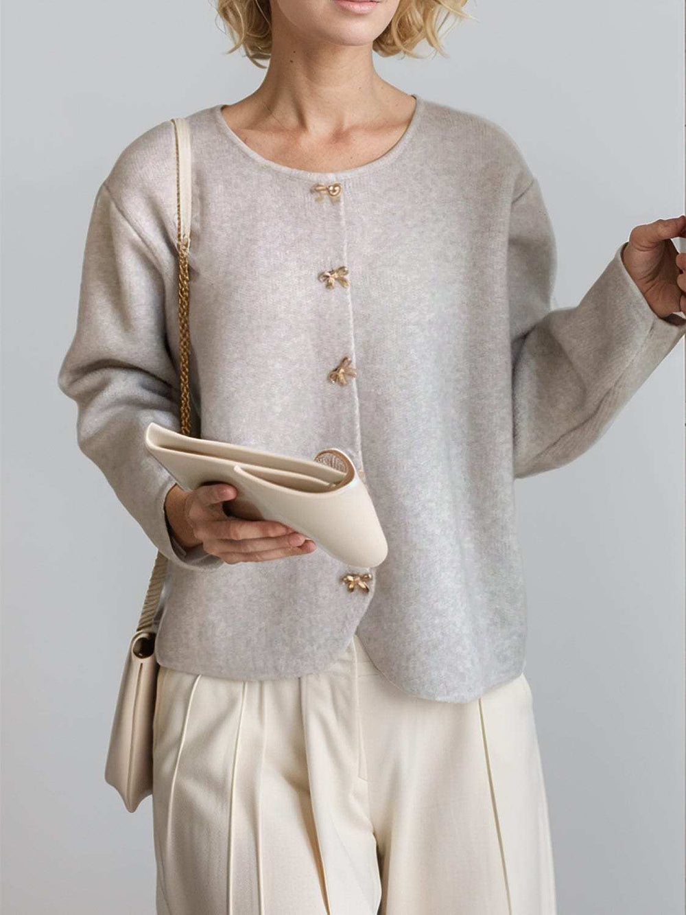 Bow Button Down Round Neck Long Sleeve Cardigan - Trendsi - Flyclothing LLC