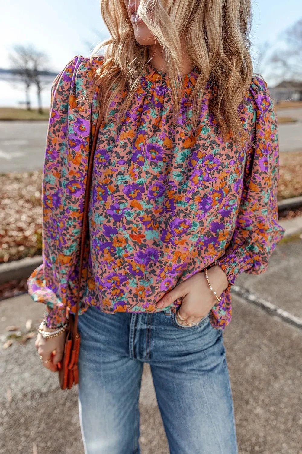 Floral Round Neck Long Sleeve Blouse - Trendsi