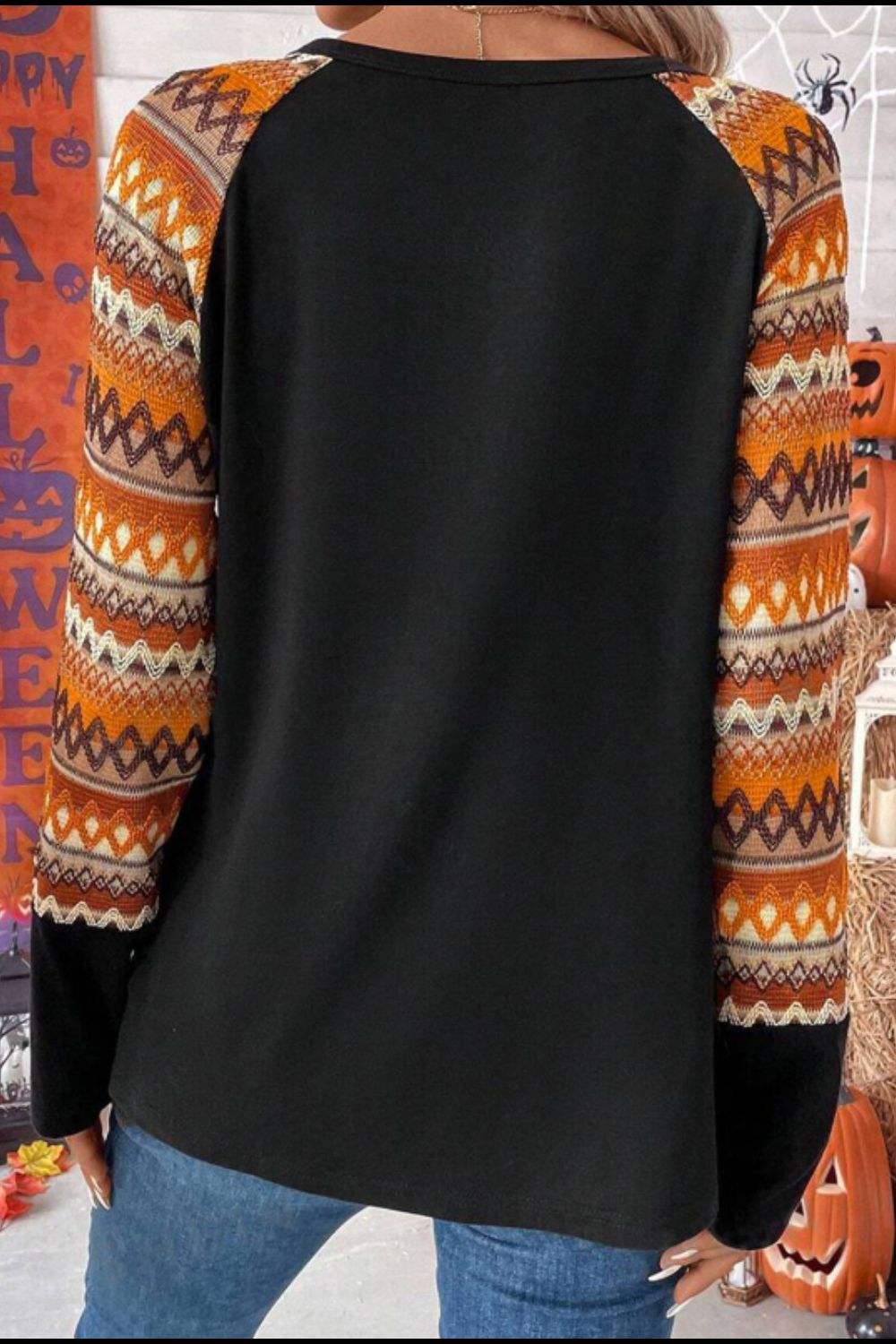 Printed Round Neck Raglan Sleeve Blouse - Trendsi - Flyclothing LLC