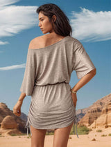 Drawstring One Shoulder Three-Quarter Sleeve Mini Dress - Trendsi - Flyclothing LLC