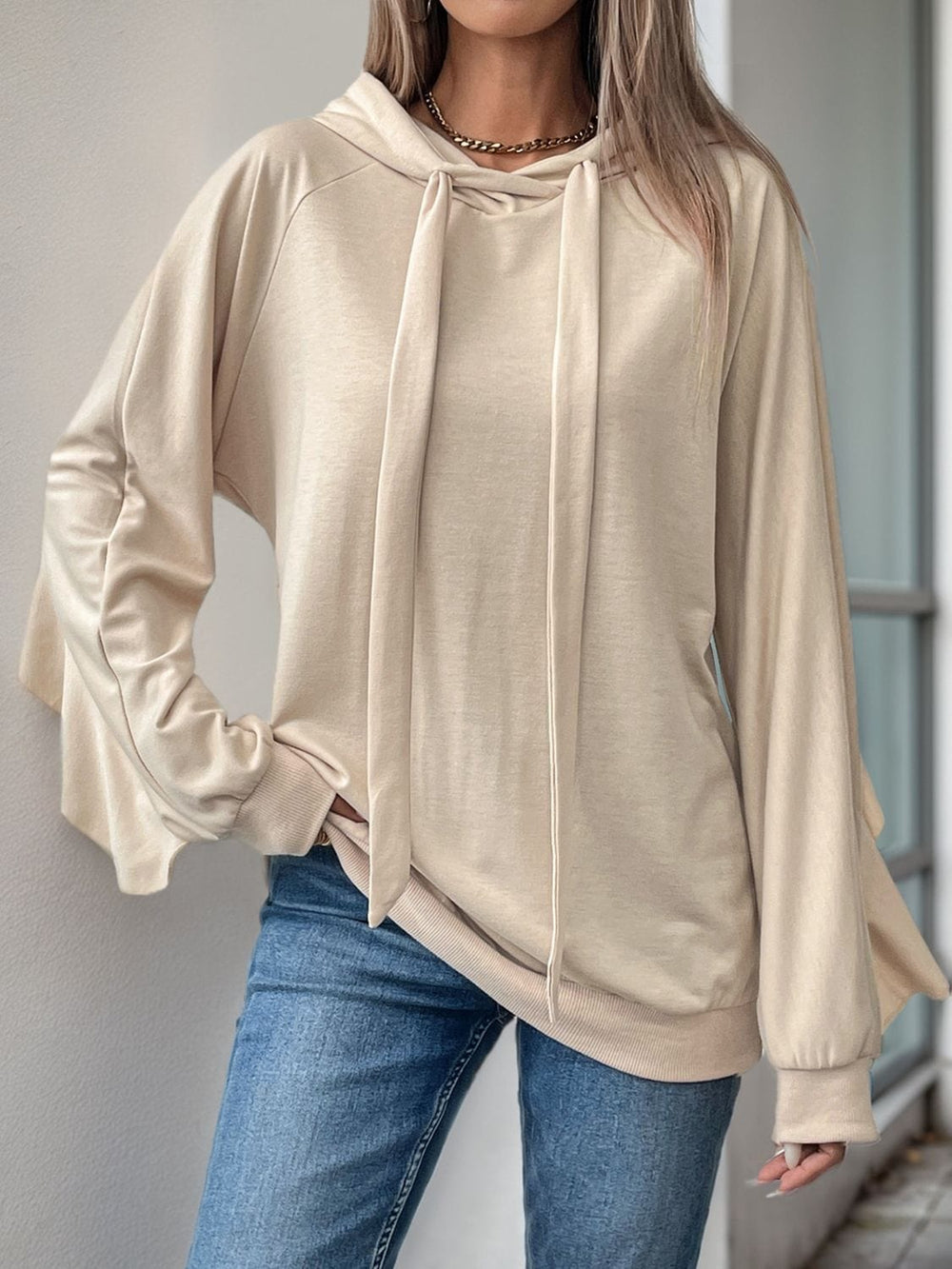 Perfee Drawstring Ruffled Long Sleeve Hoodie - Trendsi