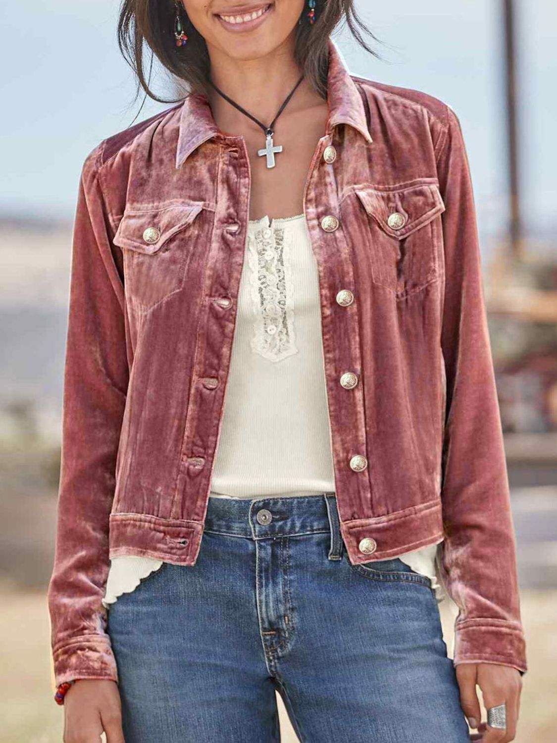 Button Up Long Sleeve Jacket with Chest Pockets - Trendsi - Flyclothing LLC