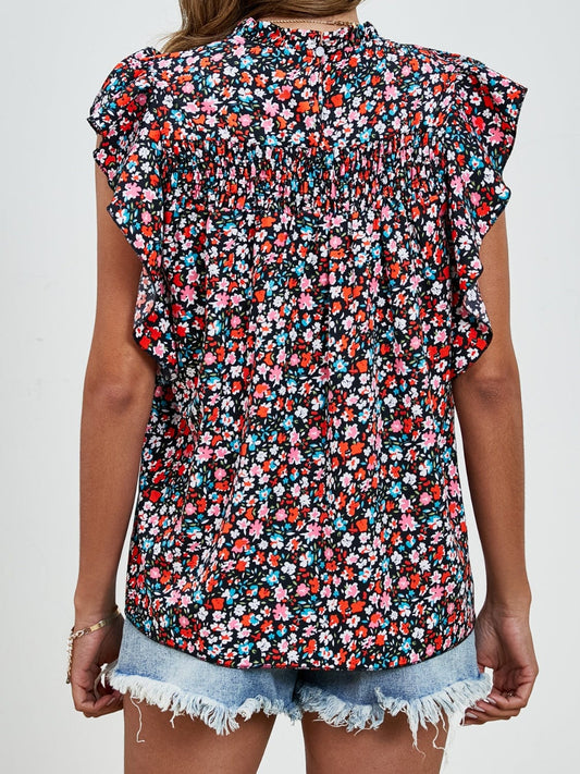 Ruffled Ditsy Floral Mock Neck Cap Sleeve Blouse - Trendsi