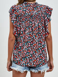 Ruffled Ditsy Floral Mock Neck Cap Sleeve Blouse - Trendsi