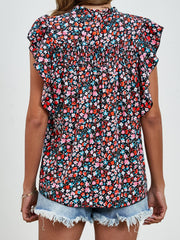 Ruffled Ditsy Floral Mock Neck Cap Sleeve Blouse - Trendsi