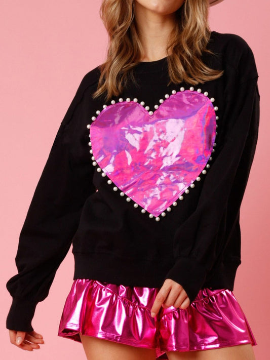 Pearl Trim Round Neck Sweatshirt - Trendsi