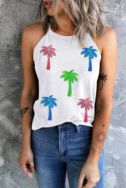 Sequin Coconut Tree Round Neck Tank - Trendsi - Flyclothing LLC