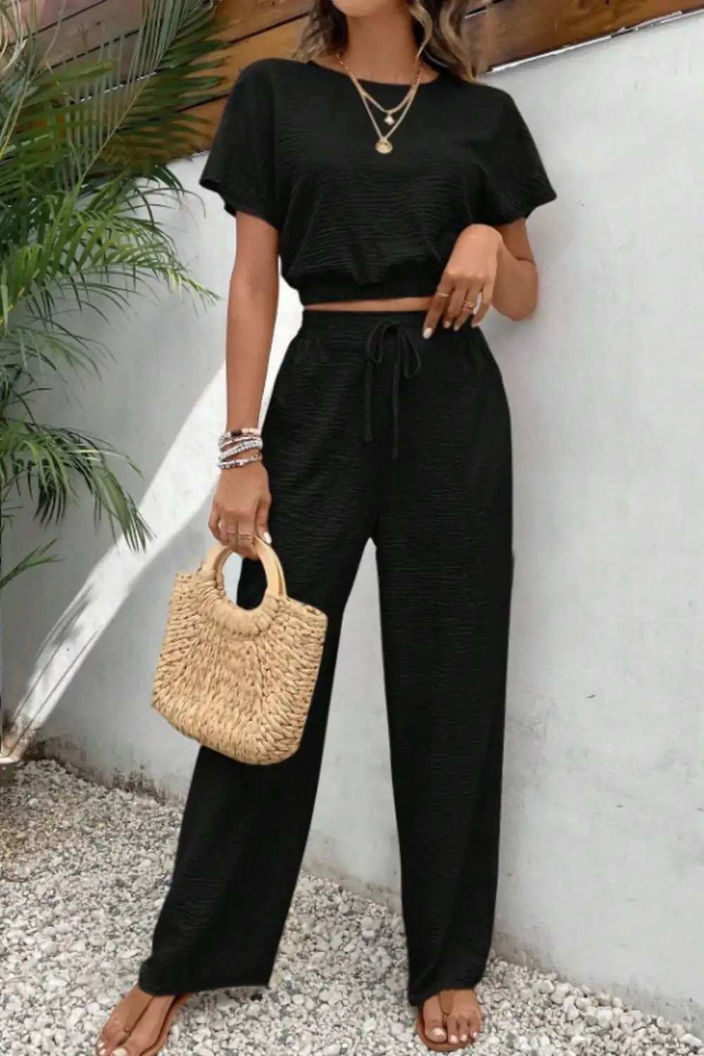 Round Neck Short Sleeve Top and Pants Set - Trendsi - Flyclothing LLC