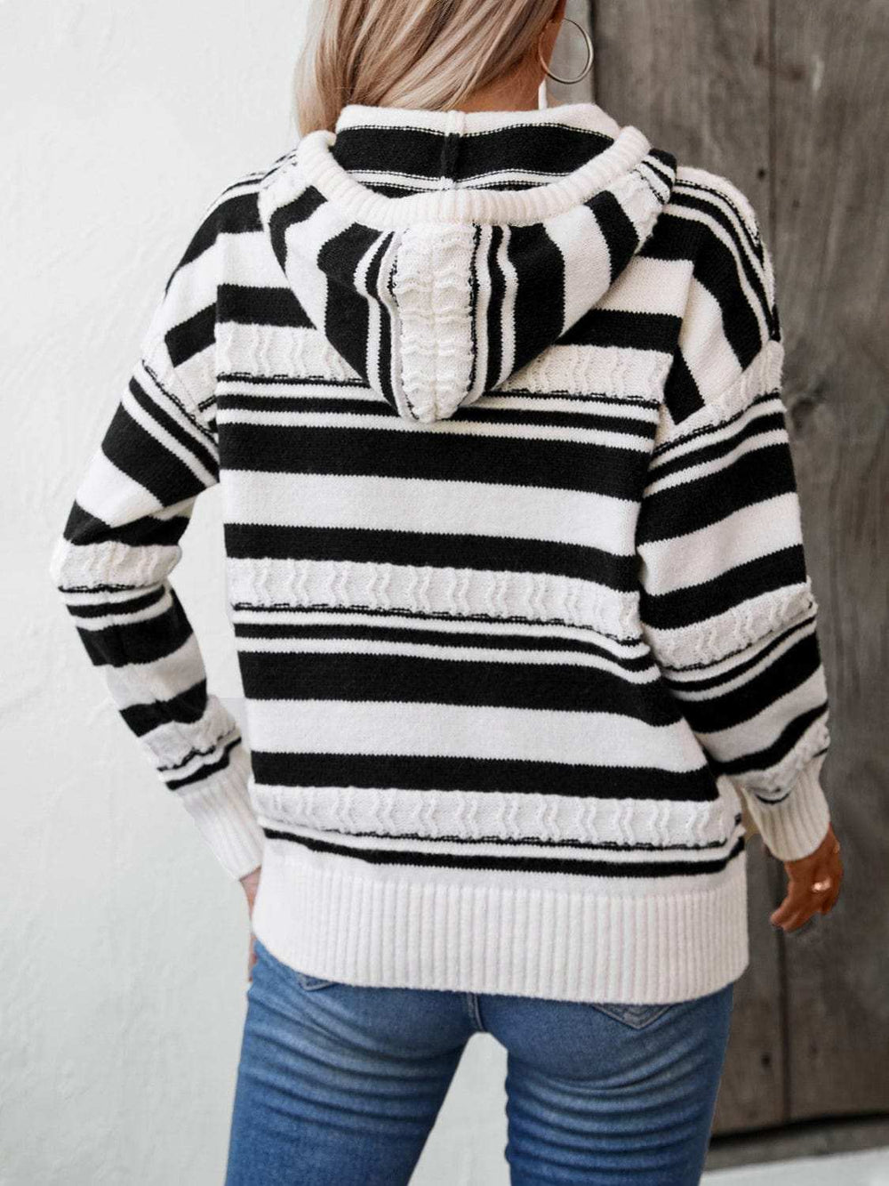Drawstring Striped Long Sleeve Hooded Sweater - Trendsi - Flyclothing LLC