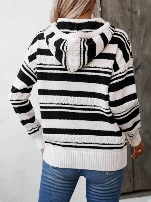 Drawstring Striped Long Sleeve Hooded Sweater - Trendsi