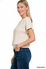 Zenana Round Neck Banded Botton Short Sleeve Sweater - Trendsi - Flyclothing LLC