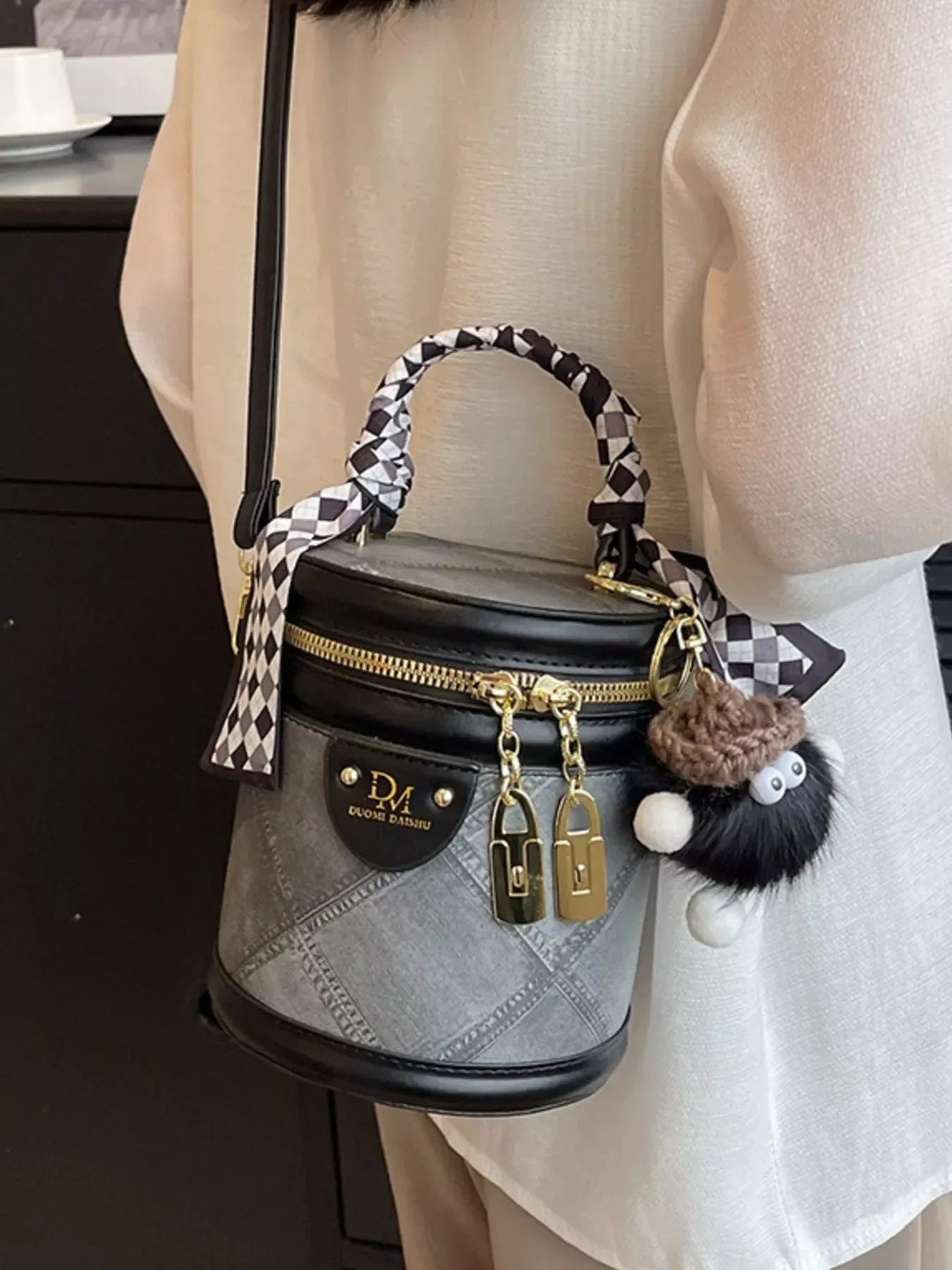 Bucket Crossbody Bag with Scarf Accent - Trendsi - Flyclothing LLC