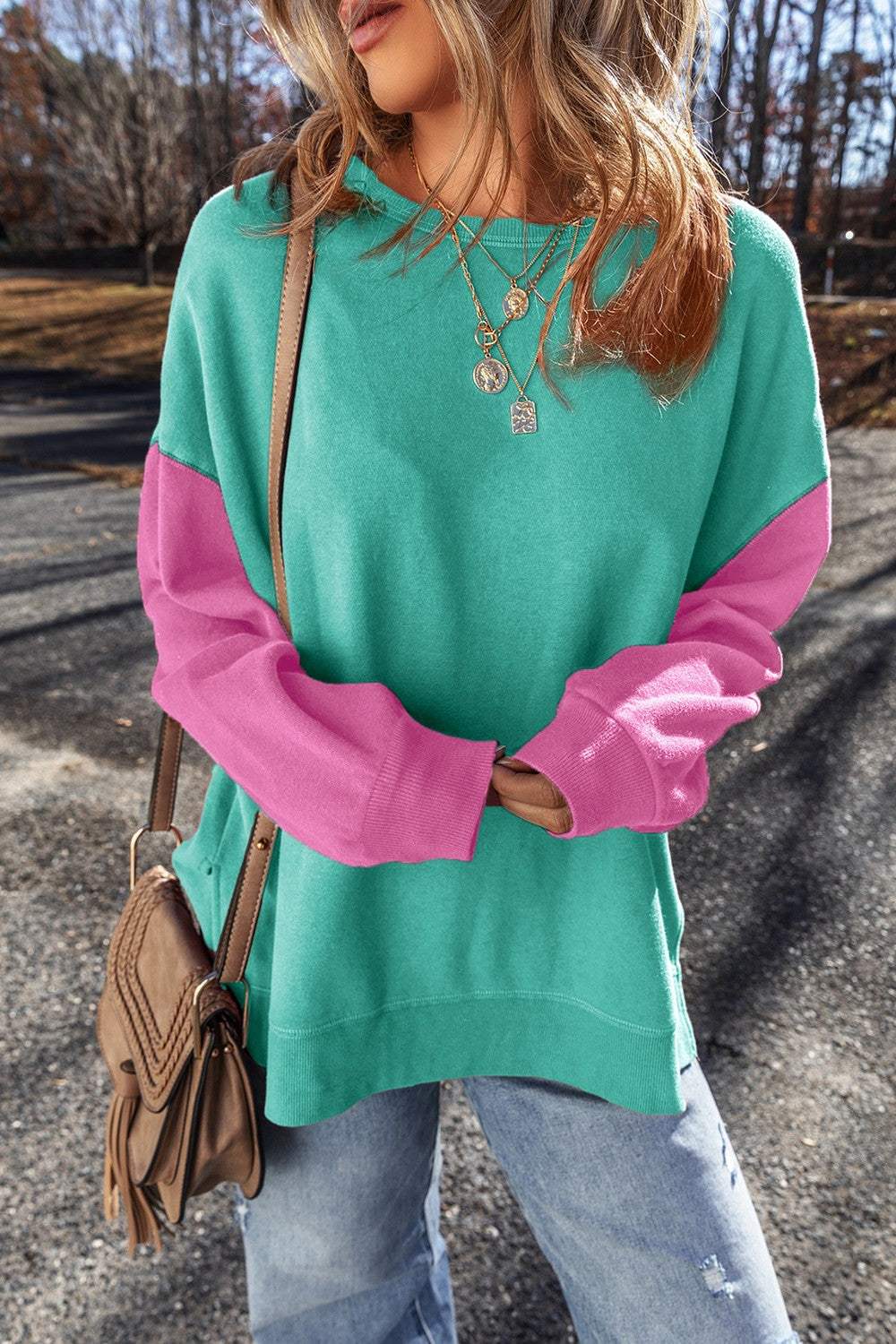 Contrast Round Neck Long Sleeve Sweatshirt - Trendsi - Flyclothing LLC
