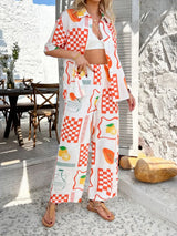 Devine Printed Collared Neck Half Sleeve Top and Pants Set - Trendsi - Flyclothing LLC