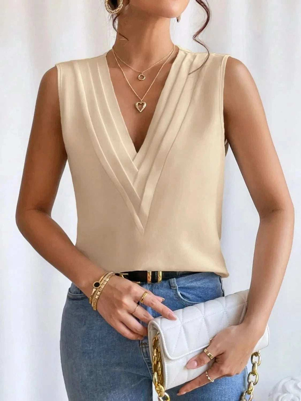 V-Neck Pleated Sleeveless Cami Tank Top - Trendsi - Flyclothing LLC