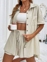 Button Up Half Sleeve Top and Shorts Set - Trendsi - Flyclothing LLC