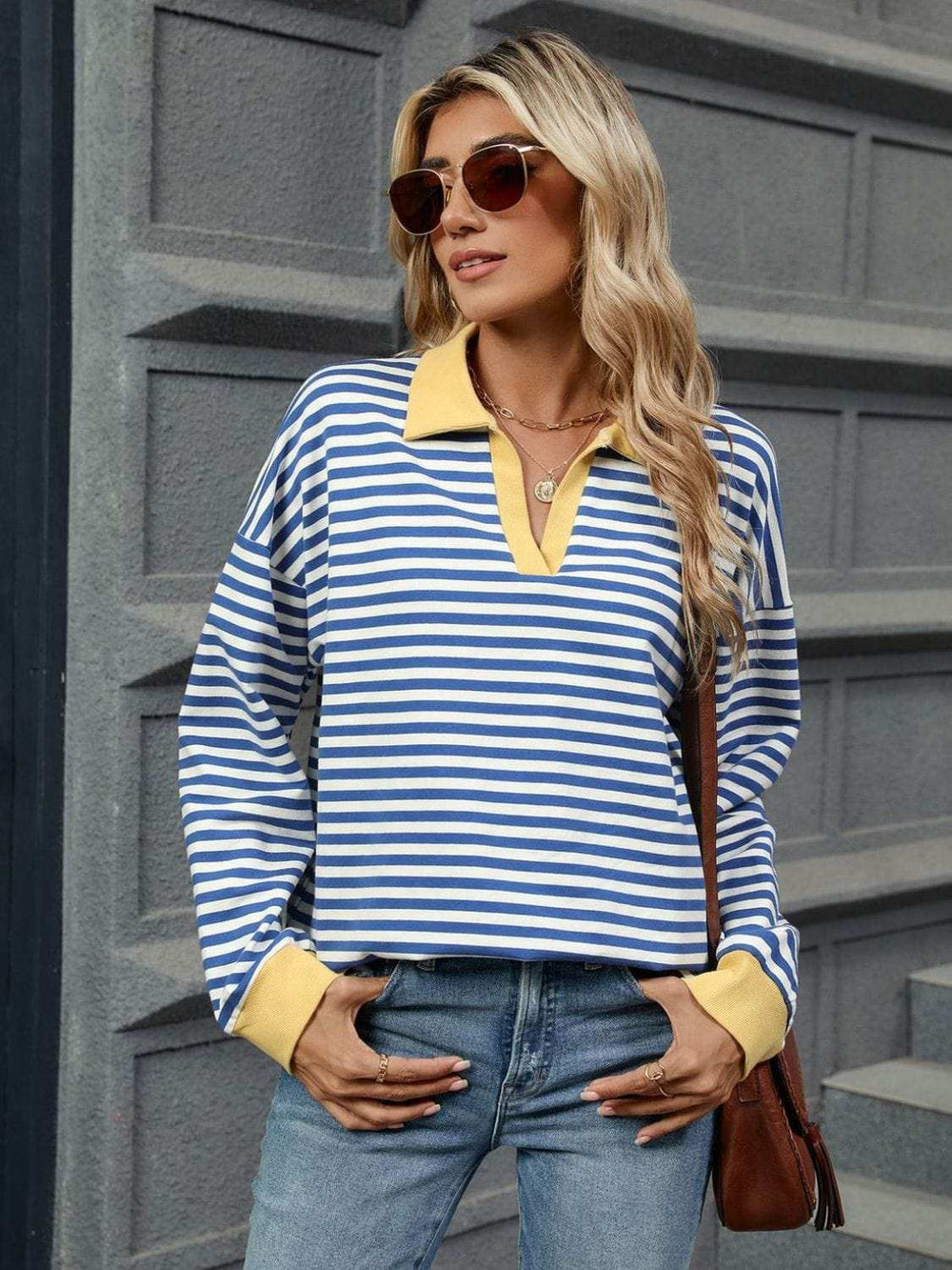 Striped Johnny Collar Long Sleeve Sweatshirt - Trendsi - Flyclothing LLC