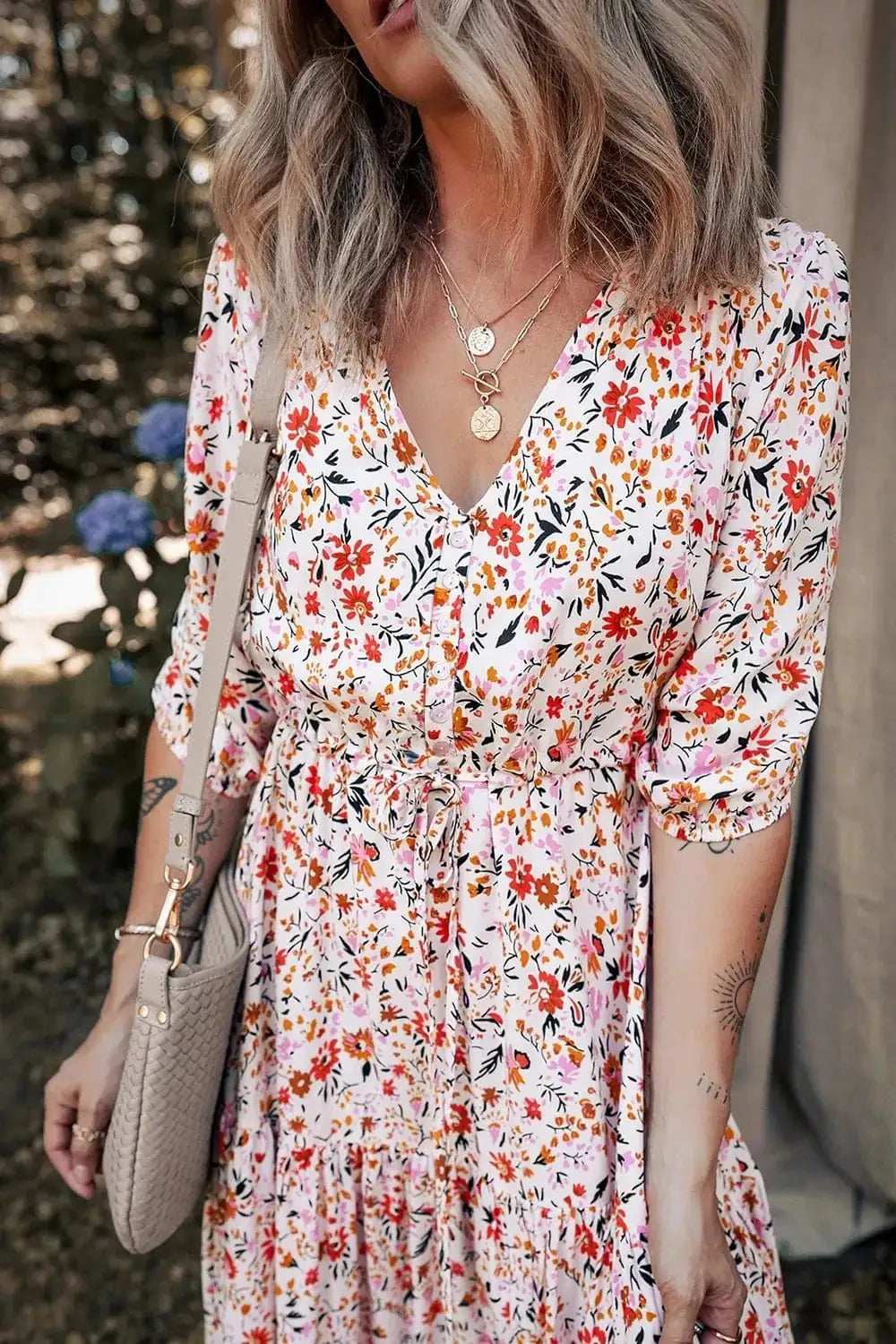 Boho Half Sleeve Floral V Neck Maxi Dress - Trendsi - Flyclothing LLC