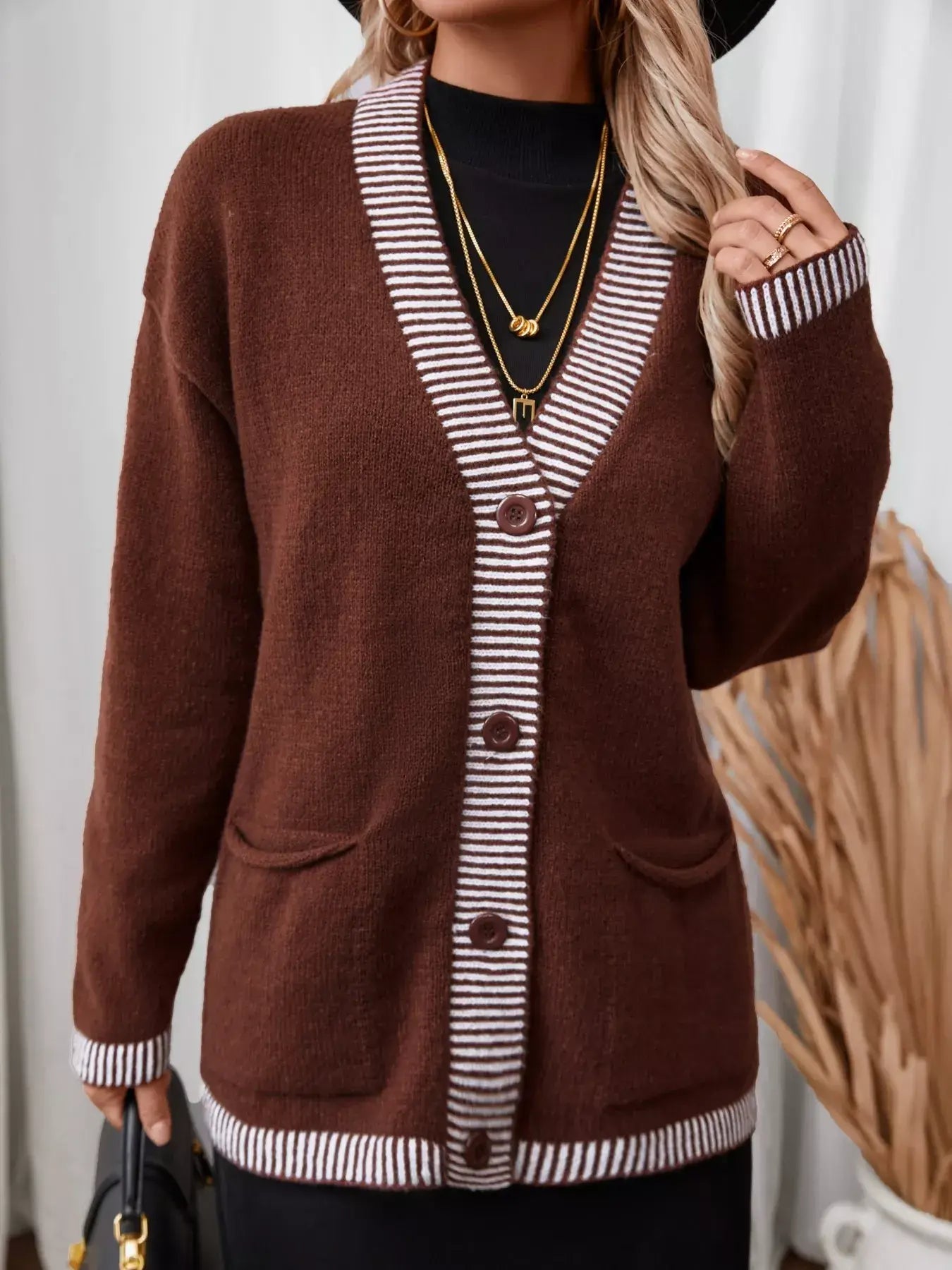 Striped Trim Button Front Pocket Knit Cardigan - Trendsi - Flyclothing LLC