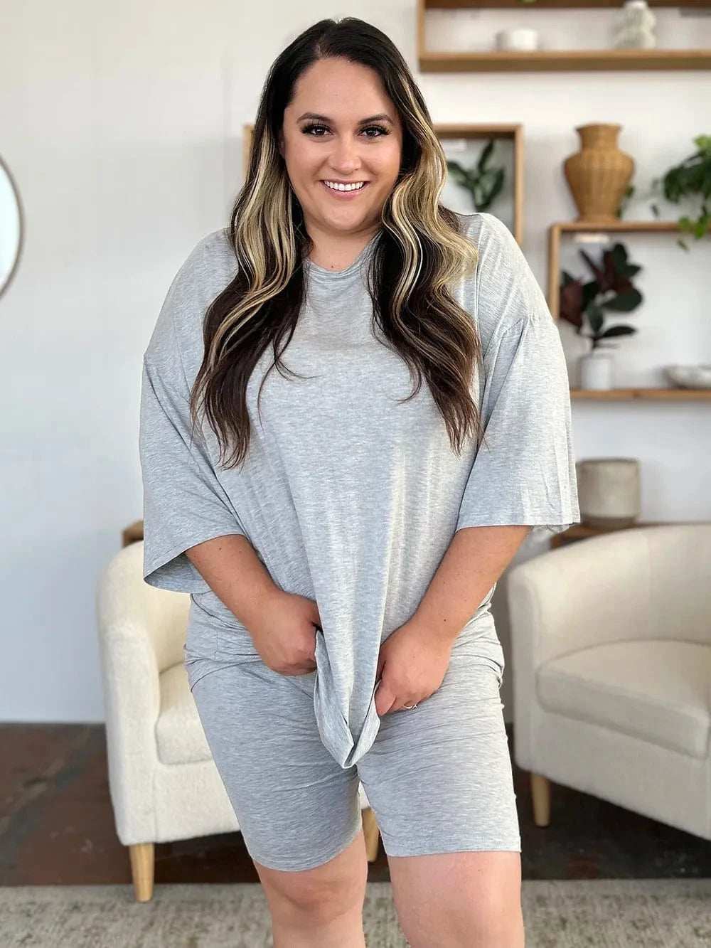 Basic Bae Bamboo Full Size Round Neck Drop Shoulder T-Shirt and Shorts Set - Trendsi - Flyclothing LLC