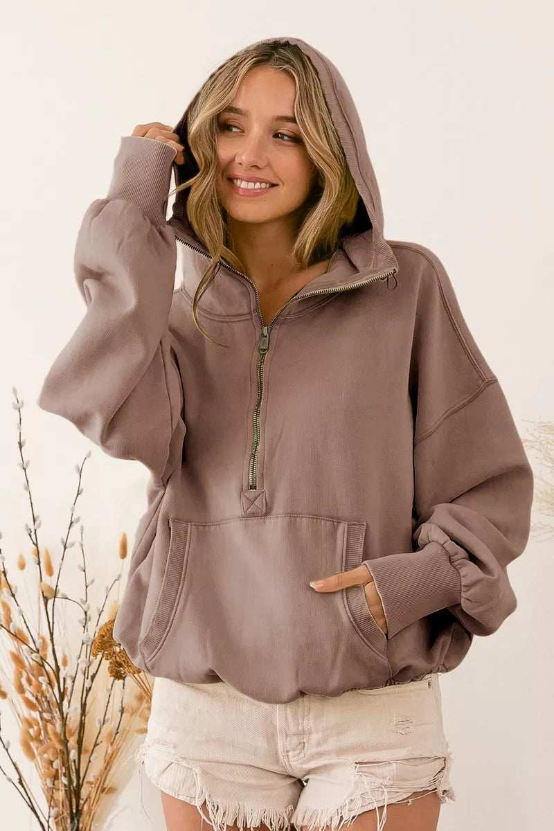BiBi Stitch Detailed Elastic Hem Half Zip Fleece Hoodie - Trendsi - Flyclothing LLC