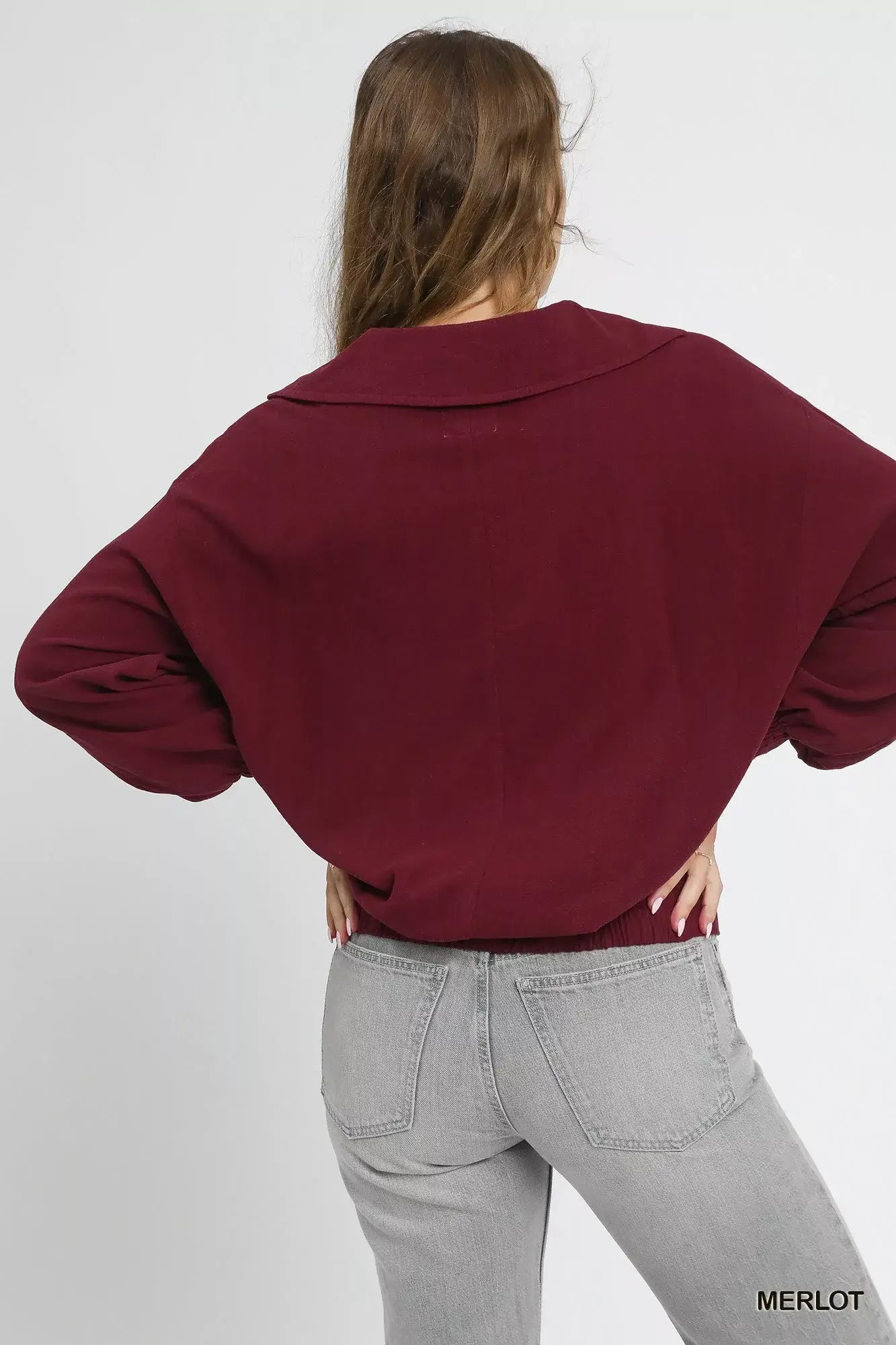 Umgee Linen Long Sleeves Elastic Hem Blouse - Trendsi - Flyclothing LLC