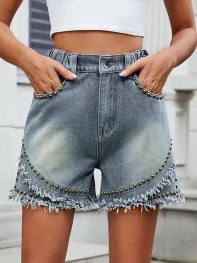 Raw Hem Studded Denim Shorts - Trendsi