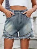 Raw Hem Studded Denim Shorts - Trendsi