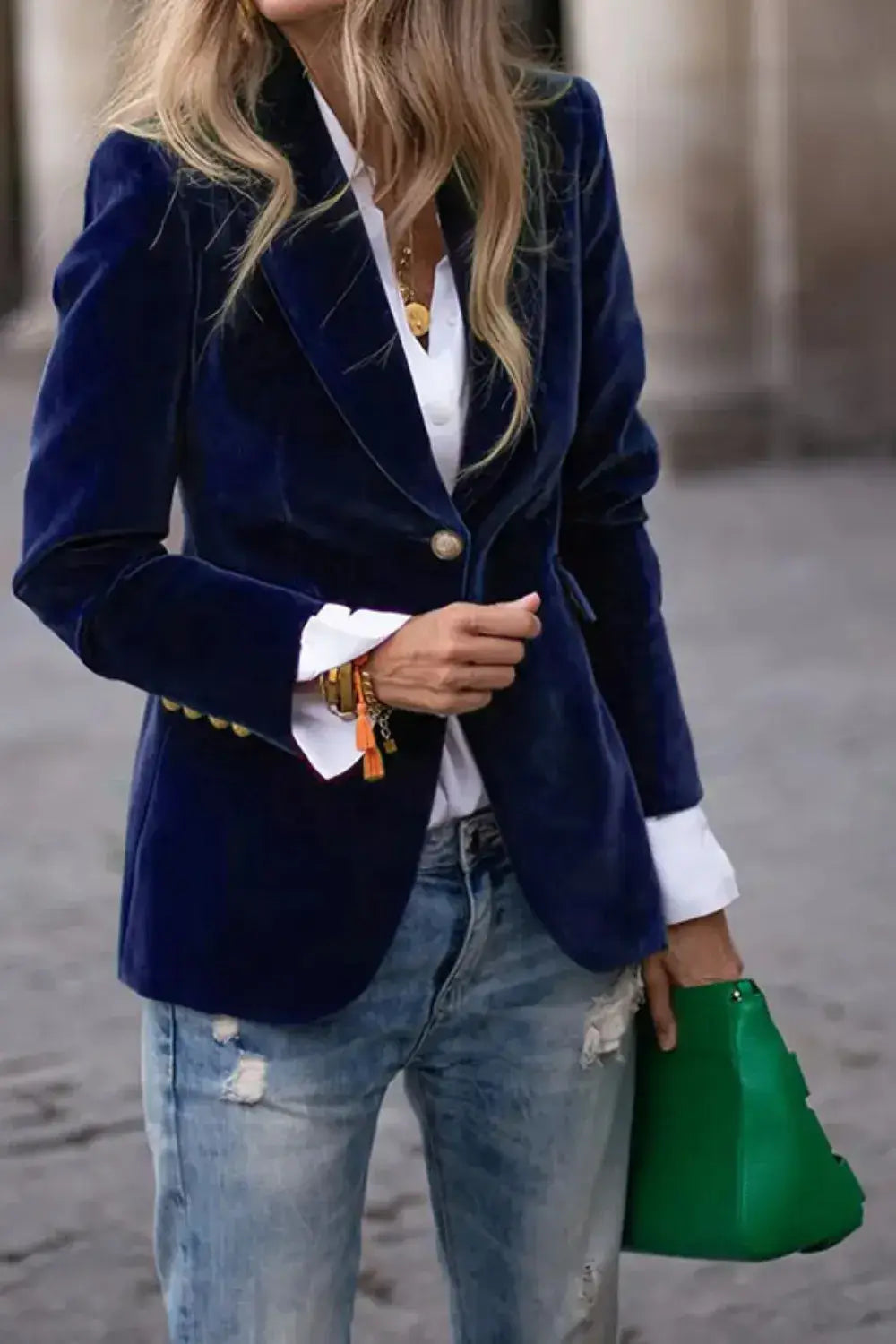 One Button Lapel Collar Long Sleeve Blazer - Trendsi - Flyclothing LLC