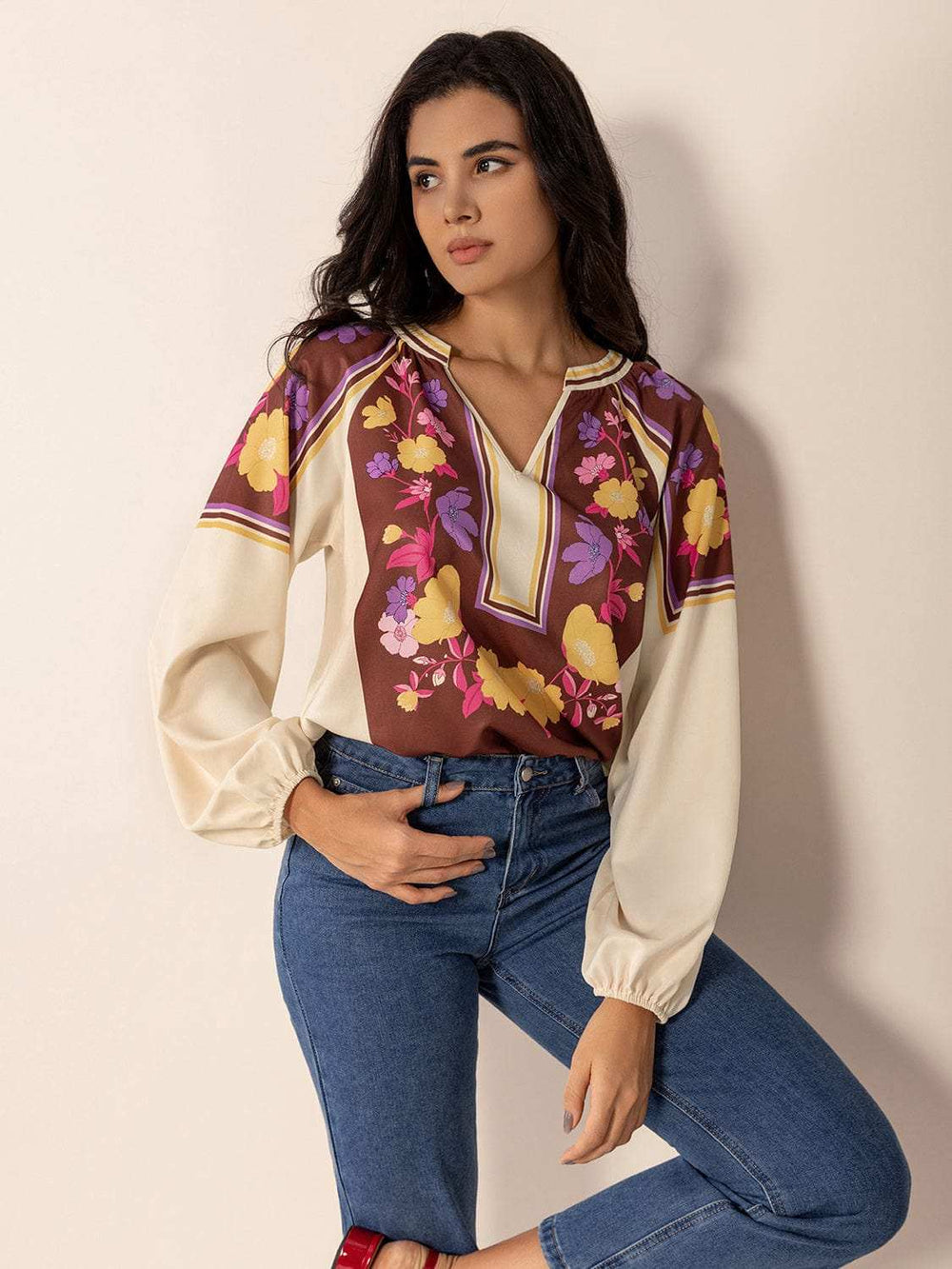 Printed Notched Long Sleeve Blouse - Trendsi - Flyclothing LLC