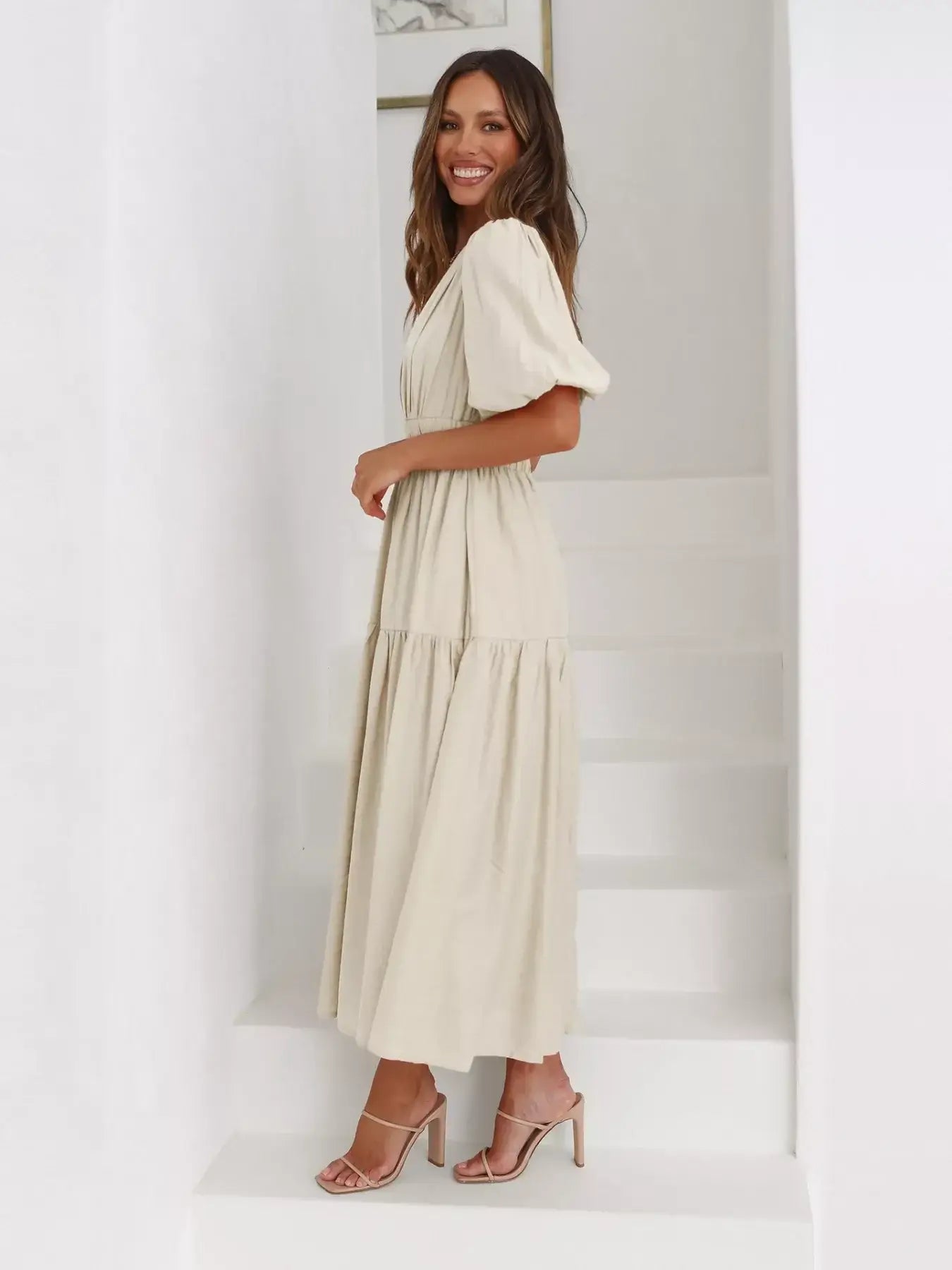 Tiered Puff Sleeve Midi Dress - Trendsi - Flyclothing LLC